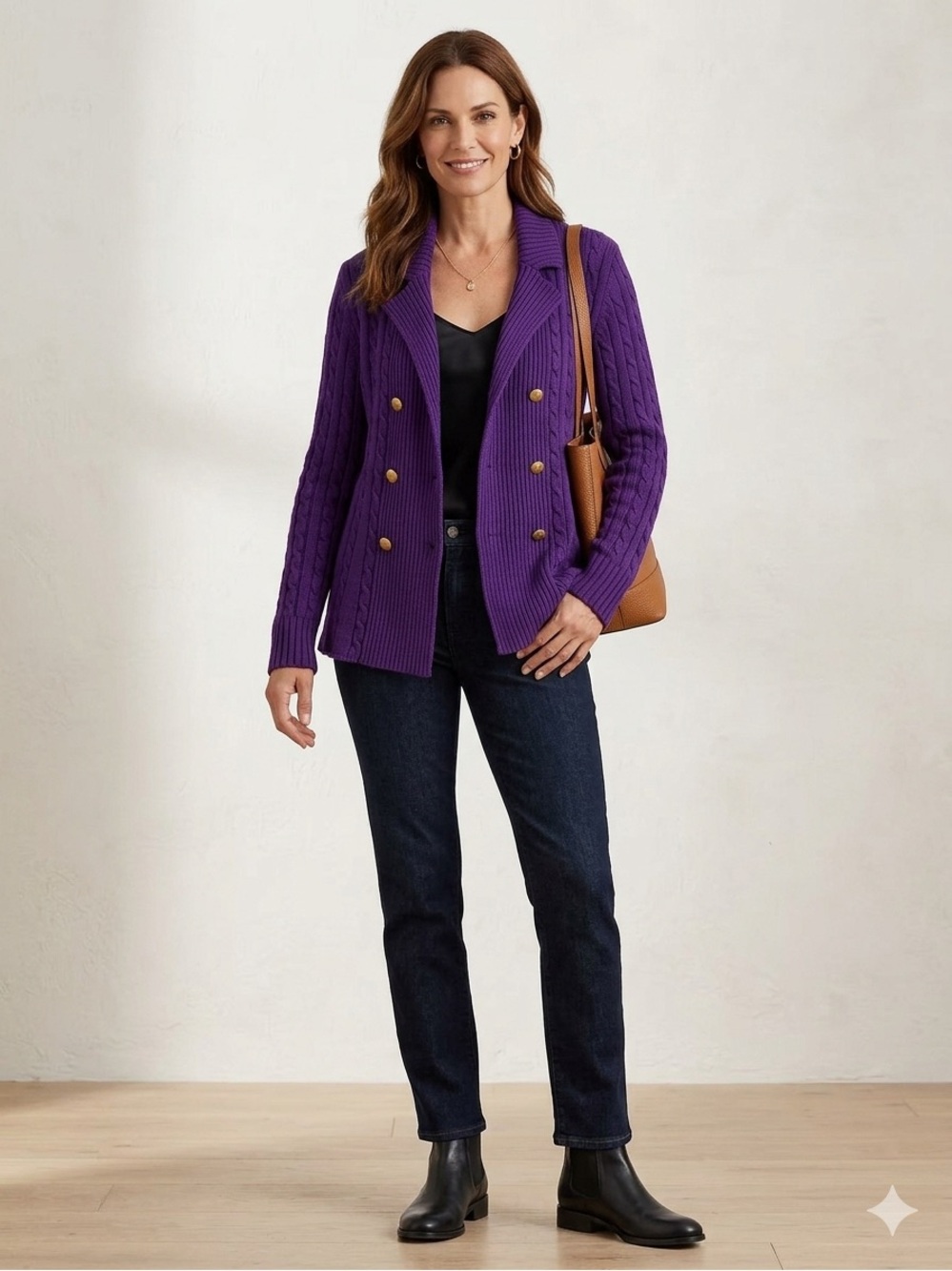 Lauren Ralph Lauren Purple Cable Knit Double Breasted Cardigan Sweater  M Cotton